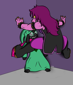ambiguous_gender anthro black_body black_fur bodily_fluids clothed clothing duo eyewear female fur glasses glowing glowing_eyes hair hat headgear headwear scarf simple_background smile sweat teeth midnight_meowth cicada_block deltarune undertale_(series) ralsei susie_(deltarune) bovid caprine darkner goat mammal scalie 2018 digital_media_(artwork) meme