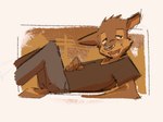 anthro bottomwear cloth clothing deer denim denim_bottomwear denim_clothing dreamywolfdd finally_faded hand_on_belly hi_res jeans leo_(finally_faded) looking_back lying male mammal new_world_deer on_back pants pudu shirt smile solo tired tired_eyes topwear