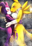 anthro big_breasts blush breasts duo female french_kissing genitals hot_spring hug kissing male male/female nude onsen penis tomoe_(symbol) water fid bandai_namco digimon canid canine digimon_(species) imp impmon mammal renamon hi_res