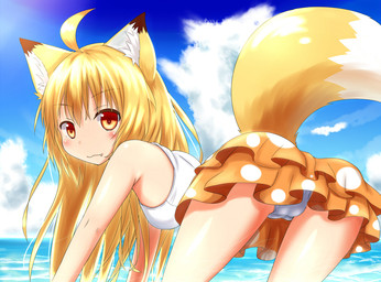 ahoge amber_eyes blonde_hair blush bottomwear breasts butt camel_toe clothed clothing cute_fangs day fangs female fluffy fluffy_tail fur hair inner_ear_fluff long_hair looking_at_viewer outside seaside skirt smile solo tail teeth tuft water white_body white_fur yellow_body yellow_fur horokusa0519 korai_(horokusa) animal_humanoid canid canid_humanoid canine canine_humanoid fox_humanoid humanoid mammal mammal_humanoid 2015