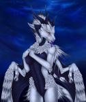 anthro breasts detailed_background feathered_wings feathers female heterochromia horn membrane_(anatomy) membranous_wings night non-mammal_breasts nude outside red_eyes sky solo star starry_sky tail white_body white_feathers wings selianth mythology kaliyah_(dragon) dragon feathered_dragon feathered_scalie mythological_creature mythological_scalie scalie 2018