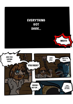 anthro blue_body blue_fur brown_eyes brown_hair dialogue dungeon fur group hair male prisioner text warrior yellow_eyes garrus368 nova_(garrus368) shadow_(garrus368) canid canine canis human mammal wolf absurd_res comic english_text hi_res