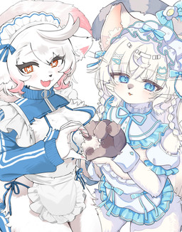 accessory anthro apron blue_eyes bra braided_hair breasts claws cleavage clothed clothing collaborative collaborative_gesture collaborative_heart_gesture dress duo female fur gesture hair hair_accessory hairclip heart_gesture hoodie kemono maid_headdress orange_eyes panties pawpads paws pupils shrug_(clothing) side-tie_panties topwear twitter_hoodie underwear unusual_pupils white_body white_fur white_hair kikury meme_clothing canid canine domestic_cat felid feline felis fox mammal absurd_res hi_res meme