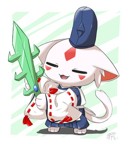 3_toes anthro asian_clothing biped bottomwear clothed clothed_anthro clothed_male clothing east_asian_clothing eboshi facial_markings feet front_view fur hakama head_markings headgear headwear holding_melee_weapon holding_object holding_sword holding_weapon inner_ear_fluff japanese_clothing kariginu male male_anthro markings melee_weapon open_mouth simple_background solo standing sword tail toes tuft weapon white_body white_fur kimono_kemono dnaxcat felid mammal 2022 digital_media_(artwork) hi_res signature
