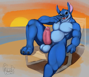 3_toes 4_fingers anthro anthrofied balls beach beach_chair biped blue_balls blue_body blue_fur blue_nose bodily_fluids dripping feet fingers fur genital_fluids genitals head_tuft humanoid_genitalia humanoid_penis looking_at_viewer male muscular muscular_anthro muscular_male notched_ear nude nude_beach open_mouth open_smile pecs penis pink_penis precum precum_drip reclining seaside smile solo sunset sweat teeth toes tuft frostbone disney lilo_and_stitch stitch_(lilo_and_stitch) alien experiment_(lilo_and_stitch) 2021 hi_res watermark