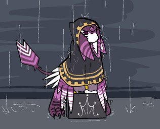 ambiguous_gender clothing cloud cloudy_sky coluber_corporation hood hooded lifting_object poncho raindrop raining sky solo struggling struggling_to_lift suitcase wet trout_(artist) avali