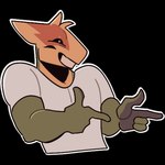 000atanerriaper000 anthro clothing gemini_the_sergal gesture hand_gesture happy looking_at_another male multicolored_body muscular muscular_male pointing shirt smile solo telegram_sticker topwear white_clothing white_shirt white_topwear