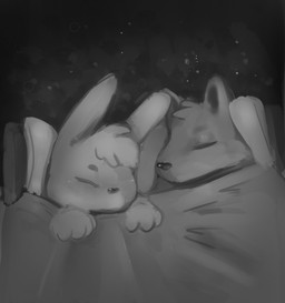 ambiguous_gender bed bedding blanket duo eyebrows eyes_closed furniture head_tuft paws pillow sleeping sleeping_together star tucked_in tuft truemew canid canine fox lagomorph leporid mammal rabbit monochrome