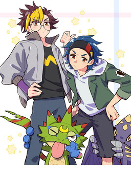 accessory angry anthro blue_hair duo eyewear glasses green_body group hair headband male multicolored_hair purple_body sanadamakomi bandai_namco digimon digimon_beatbreak raito_souda tomoro_tenma digimon_(species) gekkomon human mammal monodramon scalie hi_res