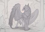 ambiguous_gender beak claws feathered_wings feathers feral looking_away outside plant solo standing tail tree wings yakovlev-vad mythology granistad avian gryphon mythological_avian mythological_creature greyscale hi_res monochrome sketch