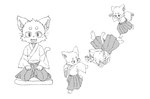 4_fingers anthro asian_clothing bottomwear claws clothing east_asian_clothing eyebrows eyes_closed fangs fingers fist footwear fur hakama happy japanese_clothing kimono kneeling looking_back male open_mouth pawpads raised_arms serious simple_background socks solo stumbling teeth white_background young young_anthro young_male n_agano domestic_cat felid feline felis mammal 2022 absurd_res greyscale hi_res japanese_description monochrome