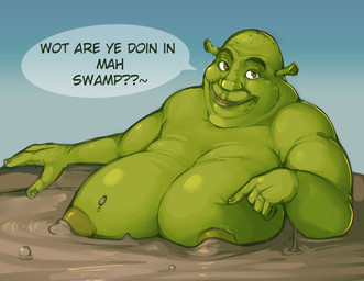 big_breasts breasts crossgender dialogue ear_stalk female green_body looking_at_viewer mtf_crossgender mud nipples not_furry nude simple_background smile solo text kittenboogers dreamworks shrek_(series) shrek_(character) humanoid ogre 2026 digital_media_(artwork) english_text