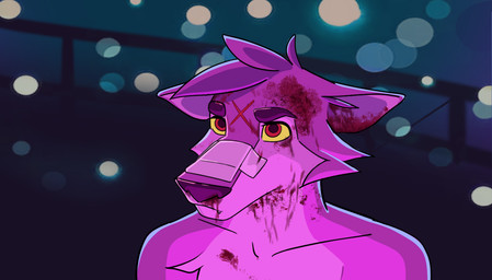 anthro blood bodily_fluids clothed clothing ears_down fur futuristic lonely male nosebleed pivoted_ears railing solo standing topless topless_male topwear aceshellshocked blade_runner_2049 fan_character canid canine canis mammal wolf portrait