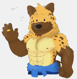 abs anthro black_nose brown_body brown_ears brown_fur clothed clothing front_view fur husband machine male male_anthro multicolored_body multicolored_fur nipples pecs ring_(jewelry) simple_background solo tan_body tan_fur topless topless_anthro topless_male white_background fake_voff gab_(comic) alfonso_(gabshiba) hyena mammal 2026 half-length_portrait hi_res portrait spanish_description