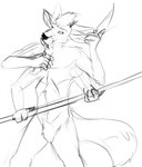 4_arms 4_ears 4_pecs anthro holding_object holding_weapon knife male melee_weapon multi_arm multi_ear multi_limb multi_pecs multifur nude pecs polearm solo spear standing weapon vixthefox canid canine deer fox hybrid mammal hi_res monochrome