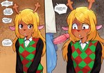 anthro antlers biped blonde_hair blush bodily_fluids bottomless brown_eyes buckteeth circumcised closed_smile clothed clothing collared_shirt constricted_pupils dialogue diamond_pattern disturbed dress_shirt duo female freckles gay_to_straight genitals hair horn lesbian_correction long_hair male male/female mouth_closed open_mouth orientation_play penis pupils red_nose shirt simple_background small_pupils smile speech_bubble stated_homosexuality stated_sexuality sweat sweat_clouds sweatdrop teeth text topwear v-neck_sweater kokobiel deltarune undertale_(series) berdly noelle_holiday avian deer mammal new_world_deer reindeer absurd_res english_text hi_res