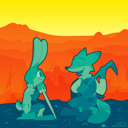 anthro armor clothed clothing dipstick_ears duo ear_markings female lute male melee_weapon multicolored_ears musical_instrument open_mouth open_smile outside playing_music plucked_string_instrument sitting smile string_instrument sword text weapon fanartiguess disney zootopia judy_hopps nick_wilde canid canine fox lagomorph leporid mammal rabbit red_fox true_fox 1:1 2016 absurd_res hi_res restricted_palette signature url