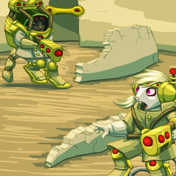 4_fingers anthro arena armor battle blonde_hair buckteeth clothing digitigrade duo female fingers hair headgear holding_object holding_weapon laser_gun open_mouth purple_eyes ranged_weapon rubble surprised tail tail_wraps teeth weapon wraps lonelyworld pawkaf chinchilla chinchillid mammal mouse murid murine rodent 1:1