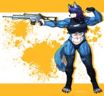 4_toes abs anthro biceps claws clothed clothing digitigrade feet female footwear fur g36 gun hair muscular muscular_anthro muscular_female ranged_weapon simple_background socks solo toeless_footwear toeless_socks toes weapon pgm300 hopey canid canine canis mammal wolf digital_media_(artwork) hi_res shaded