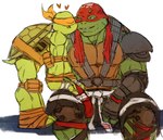 3_fingers anthro blush clothed clothing duo fingers freckles harness heart_symbol jacket_around_waist kissing kissing_cheek male male/male mask muscular muscular_anthro muscular_male scar shell simple_background size_difference smile alphabetbet teenage_mutant_ninja_turtles teenage_mutant_ninja_turtles_(2012) teenage_mutant_ninja_turtles_(2014) michelangelo_(tmnt) raphael_(tmnt) reptile scalie turtle colored digital_media_(artwork) brother_(lore) brothers_(lore) sibling_(lore)