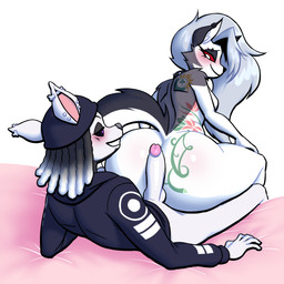 5_fingers anthro anthro_on_anthro back_tattoo balls barbell_piercing beanie big_butt big_penis biped black_beanie black_clothing black_collar black_eyebrows black_hat black_headwear black_hoodie black_nose black_tail black_topwear blush body_blush bottomless bottomless_anthro bottomless_male breasts butt butt_blush butt_tattoo cheek_tuft closed_smile clothed clothed_anthro clothed_male clothing collar collar_only duo ear_piercing ear_ring ear_stud erection eyebrow_piercing eyebrow_ring eyebrows eyelashes facial_markings facial_piercing facial_tuft female female_anthro fingers fur furgonomic_hat furgonomic_headwear furgonomics genitals glans glistening glistening_butt glistening_genitalia glistening_glans glistening_penis grey_body grey_fur grey_hair grey_nose hair half-closed_eyes hat head_markings headgear headwear hoodie hot_dogging humanoid_genitalia humanoid_penis inner_ear_fluff lidded_eyes long_hair looking_at_another looking_at_partner looking_back looking_down looking_down_at_partner male male/female male_anthro markings measuring_up mismatched_genitalia mismatched_humanoid_penis mismatched_penis mouth_closed multicolored_body multicolored_clothing multicolored_fur multicolored_hoodie multicolored_tail multicolored_topwear narrowed_eyes nude nude_anthro nude_female penis piercing pink_glans pink_inner_ear pointy_ears prick_ears purple_eyes red_sclera ring_piercing sex smile smiling_at_another smiling_at_partner spiked_collar spikes tail tattoo teeth three-quarter_view topwear tuft two_tone_body two_tone_fur two_tone_hoodie white_balls white_body white_clothing white_eyes white_fur white_hoodie white_inner_ear_fluff white_penis white_tail white_topwear lovetopullmicke hellaverse helluva_boss mythology loona_(helluva_boss) canid canid_demon canine demon hellhound mammal mythological_canine mythological_creature 1:1 2026 absurd_res digital_media_(artwork) hi_res