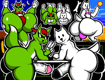 anthro big_butt bikini bone bulge butt clothing crouching duo eyewear fur genitals green_body green_fur hat headgear headwear huge_butt looking_back male nude penis presenting simple_background spread_legs spreading sunglasses swimwear tail thick_thighs two-piece_swimsuit underwear white_body white_fur gayguyfella undertale_(series) annoying_dog_(undertale) radiation_fox_(undertale) canid canine canis domestic_dog fox mammal digital_drawing_(artwork) digital_media_(artwork)