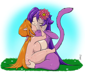 accessory anthro big_breasts breast_squish breasts breasts_frottage duo female female/female flower flower_in_hair fur hair hair_accessory humanoid_on_anthro interspecies kiss_on_lips kissing nude plant purple_body purple_fur purple_hair squish thick_thighs ian_comics felicia_(tahlian) kiki_(tahlian) haplorhine humanoid mammal monkey primate hi_res