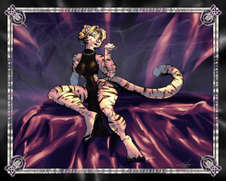 5_fingers abstract_background anthro black_clothing black_dress blonde_hair blowing_kiss breasts clothed clothing dress female fingers fur green_eyes green_jewelry green_necklace hair jewelry long_tail looking_at_viewer necklace nipple_outline pose purple_background simple_background sitting sleeveless_dress slit_dress smile solo striped_body stripes tail thick_thighs tight_clothing tight_dress white_body white_fur wide_hips kansyr esther_(waywardpossum) felid mammal pantherine tiger 5:4 absurd_res digital_media_(artwork) hi_res pinup