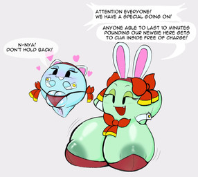 :3 accessory anus areola areola_slip bedroom_eyes big_breasts blue_body blue_eyeshadow blue_skin blush bow_(feature) bow_accessory bow_panties bow_ribbon bow_tie bow_underwear breasts bunny_costume clothing clothing_bow conjoined_speech_bubble costume cute_fangs dialogue duo eyebrows eyelashes eyeshadow fake_cat_ears fake_ears fake_rabbit_ears fangs female floating genitals gesture ghost_tail glistening glistening_breasts glistening_genitalia glistening_nipples glistening_vulva green_body green_eyeshadow green_skin grey_background hair_accessory hair_bow hair_ribbon half-closed_eyes hand_gesture hand_on_face heart_symbol hearts_around_body hearts_around_head huge_breasts hyper hyper_breasts leotard makeup motion_lines motion_outline narrowed_eyes nipple_slip nipples not_furry number open_mouth panties plump_labia pointing pointing_at_another pointy_speech_bubble pussy_floss red_clothing red_leotard ribbons sagging_breasts seductive shirt_cuffs simple_background smooth_motion_outline speech_bubble stuttering talking_to_another teeth text time_period twin_bows twin_clothing_bows underwear vulva dizzytizzy mario_bros nintendo paper_mario paper_mario:_the_thousand_year_door paper_mario_(2000) lady_bow lahla_(mario) boo_(mario) ghost sphere_creature spirit 2021 digital_media_(artwork) english_text hi_res