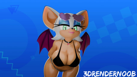 anthro big_breasts bikini bikini_top blue_eyeshadow bottomwear breasts choker cleavage clothed clothing eyelashes eyeshadow female glistening_eyelids green_eyes hotpants jewelry lipstick long_eyelashes makeup necklace shorts solo swimwear two-piece_swimsuit wet wet_body 3drendernoob nottanj_(modeler) sega sonic_the_hedgehog_(series) rouge_the_bat humanoid 16:9 3d_(artwork) blender_(artwork) blender_cycles_(artwork) digital_media_(artwork) hi_res widescreen