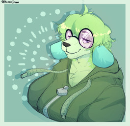 anthro blue_body blue_eyes blue_fur chest_tuft clothing eyewear fluffy fluffy_hair fur glasses green_body green_clothing green_fur green_hoodie green_topwear hair hoodie long_ears male nerd pink_eyewear pink_glasses simple_background solo topwear tuft tonkotsu_spicy_noodle doliuwu canid canine canis domestic_dog mammal detailed hi_res