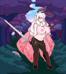antennae_(anatomy) anthro big_breasts breasts chest_tuft clothed clothing female fur gloves hair handwear humanoid_pointy_ears insect_wings inverted_nipples melee_weapon nipples non-mammal_breasts one_eye_closed pointy_ears red_eyes solo sword topless tuft weapon white_hair wings cheshirecatsmile37 fall_of_eden arthropod insect lepidopteran moth hi_res