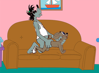 anthro anthro_on_anthro duo eyewear furniture glasses interspecies male male/male nude photo russian sex side_view sofa toony zfilm soyuzmultfilm the_simpsons well_just_you_wait! volk_(wjyw) zayats_(wjyw) canid canine canis hare lagomorph leporid mammal wolf