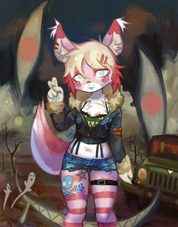 alternative_fashion anthro biped blue_eyes clothing female fur gesture hair hand_gesture looking_at_viewer outside pink_body pink_fur plant solo sport_utility_vehicle standing tail tree v_sign white_body white_fur white_hair kandyoki felid feline lynx mammal character_request