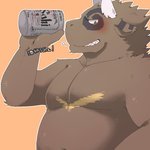 anthro belly blush brown_body brown_fur can container fur humanoid_hands kemono male orange_background overweight overweight_anthro overweight_male simple_background solo green_bell inakamichi bovid bovine cattle mammal 1:1 2020