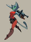 anthro athletic athletic_anthro athletic_female belt belt_buckle biped boots buckle cheek_tuft clothing ear_piercing facial_tuft female footwear green_eyes green_sclera grin half-closed_eyes holding_melee_weapon holding_object holding_sword holding_weapon melee_weapon narrowed_eyes notched_ear piercing red_clothing red_shirt red_topwear shirt shoes simple_background smile solo sword topwear tuft weapon wristband niking daystone kocia_pierdocia domestic_cat felid feline felis mammal