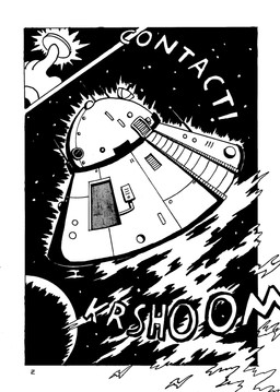 antenna_wire flying_saucer glowing onomatopoeia planet pushbutton satellite_dish sound_effects space spacecraft star text vehicle zero_pictured phano star_spanners jun_(phano) comic hi_res monochrome