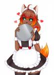 2018 absurd_res ahoge anthro black_sclera blush breasts canid canine canis caradhina clothed clothing digital_media_(artwork) embers female fire fur hair heart_symbol hi_res legwear looking_at_viewer maid_uniform mammal shy simple_background small_breasts smile solo stockings uniform yonachka_doki