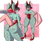 anthro big_breasts big_butt big_ears black_hair breasts bunny_costume butt clothing costume ear_piercing ear_ring eyeshadow fake_ears fake_rabbit_ears female fishnet_clothing fishnet_leggings fishnet_legwear footwear fur green_body green_fur hair hairless_tail hand_on_hip high_heels leggings legwear leotard long_legs makeup piercing purple_eyeshadow ring_piercing shirt_collar shirt_cuffs shoes solo tail thick_tail thick_thighs sozokuu mina_mouse mammal mouse murid murine rodent absurd_res hi_res