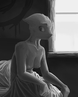 5_fingers anthro areola backlighting bed bedding biped blanket breasts detailed_background female fingers front_view frown fur furniture humanoid_hands inside light medium_breasts nipples nude pillow pupils sitting slit_pupils solo tasteful_nudity three-quarter_view whiskers window redruin01 microsoft prequel_adventure the_elder_scrolls katia_managan felid khajiit mammal 2015 4:5 digital_media_(artwork) digital_painting_(artwork) greyscale lighting monochrome painting_(artwork) portrait shaded soft_shading three-quarter_portrait