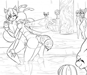 antennae_(anatomy) anthro bath bathhouse blush breasts butt casual_nudity female female/female fingering group hair insect_wings kissing multi_arm multi_limb navel nipples nude one_eye_closed public public_nudity spread_legs spreading standing water wings glacierclear estee_savatier luna_(ucrodevil) arthropod eurasian_red_squirrel hymenopteran insect lizard mammal reptile rodent scalie sciurid tree_squirrel wasp black_and_white digital_drawing_(artwork) digital_media_(artwork) monochrome