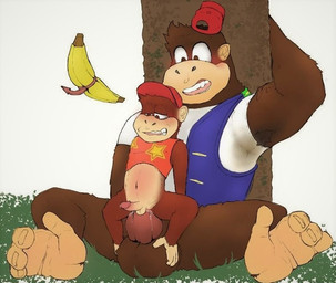 abdominal_bulge anthro balls banana big_balls big_penis blush bodily_fluids clothed clothing cum cum_in_ass cum_inside duo ejaculation erection feet food fruit genital_fluids genitals glans hat headgear headwear humanoid_genitalia humanoid_penis jacket looking_pleasured male male/male orgasm outside penis plant prehensile_feet shirt size_difference small_balls small_penis sweat tank_top toes topwear scruffyboy1 donkey_kong_(series) nintendo chunky_kong diddy_kong ape gorilla haplorhine mammal monkey primate