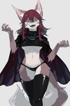 5_fingers anthro big_breasts black_cloak black_clothing black_panties black_underwear blue_eyes breasts brown_body brown_fur cloak clothing crop_top ear_tuft eyewear female female_anthro fingers fur glasses hair inner_ear_fluff kemono legwear long_hair looking_at_viewer looking_forward midriff multicolored_body multicolored_fur navel open_mouth open_smile panties red_hair shirt simple_background smile solo teeth thigh_highs tongue topwear tuft two_tone_body two_tone_fur under_boob underwear walking white_background white_body white_fur wide_hips kaltespur canid canine fox mammal 2019 hi_res