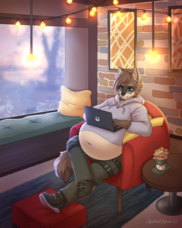 anthro belly big_belly blue_eyes bottomwear brown_body brown_fur brown_hair chair cheek_tuft clothed clothing coffee_shop computer electronics eyewear facial_tuft female frappuccino fur furniture glasses green_bottomwear green_clothing green_pants grey_clothing grey_hoodie grey_topwear hair hoodie huge_belly inside laptop laptop_on_belly mouth_closed navel object_on_belly overweight overweight_female pants pillow sitting solo tan_body tan_fur topwear tuft tiggybloom canid canine mammal 2022 hi_res