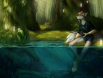 4_toes 5_fingers anthro barefoot biped camera claws clothed clothing day detailed_background feet female fingers foot_in_water forest grass holding_camera holding_object moss outside partially_submerged plant sitting smile soaking_feet toes tree water taurusart canid canine canis kodama_(princess_mononoke) mammal wolf digital_media_(artwork) hi_res