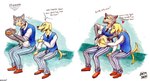 anthro beastars bird_dog canid canine canis clothing demyxanthony domestic_dog duo english_text hand_on_belly hunting_dog jack_(beastars) labrador legoshi_(beastars) male mammal pregnant pregnant_anthro pregnant_male retriever tail tail_motion tailwag text wolf