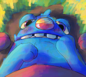 anthro bedroom_eyes belly blue_body blue_fur blush dirt duo embarrassed female fur fur_tuft golden_hour grass half-closed_eyes light looking_at_another looking_at_viewer looking_up_at_partner lying male male/female narrowed_eyes on_back on_ground open_mouth paws plant purple_body purple_eyes purple_fur red_nose seductive sitting sitting_on_another sunlight teeth tuft largedrat bugsnax young_horses beffica_winklesnoot filbo_fiddlepie grumpus 2022 colored_sketch painting_(artwork) sketch
