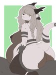 anthro antlers belly big_belly big_breasts big_butt breasts butt ear_tuft eyes_closed female fluffy fluffy_tail front_view fur grey_body grey_fur hair hair_over_eye horn huge_breasts long_hair navel nipples nude overweight overweight_anthro overweight_female pregnant pregnant_anthro pregnant_female simple_background smile solo striped_body striped_fur stripes tail thick_thighs tuft white_body white_fur wide_hips maloonie ashley_(vinthebat) deer hybrid mammal mountain_deer_dragon 3:4 absurd_res half-length_portrait hi_res portrait