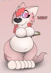 anthro belly big_belly big_breasts breasts fangs female fur hair holding_object long_hair looking_at_viewer multicolored_body navel nude presenting red_body red_hair simple_background smile solo speech_bubble standing teeth text thick_thighs white_body foxball kitty_pride lucia_nifty canid canine fox mammal hi_res