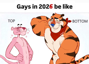 anthro blue_nose blush duo fur male mascot mostly_nude muscular muscular_anthro muscular_male nude_anthro nude_male orange_body orange_fur pink_body pink_fur red_scarf scarf scarf_only striped_body striped_fur stripes tail text whiskers hexedcoin frosted_flakes kellogg's pink_panther_(series) pink_panther tony_the_tiger felid mammal pantherine tiger 2026 english_text hi_res